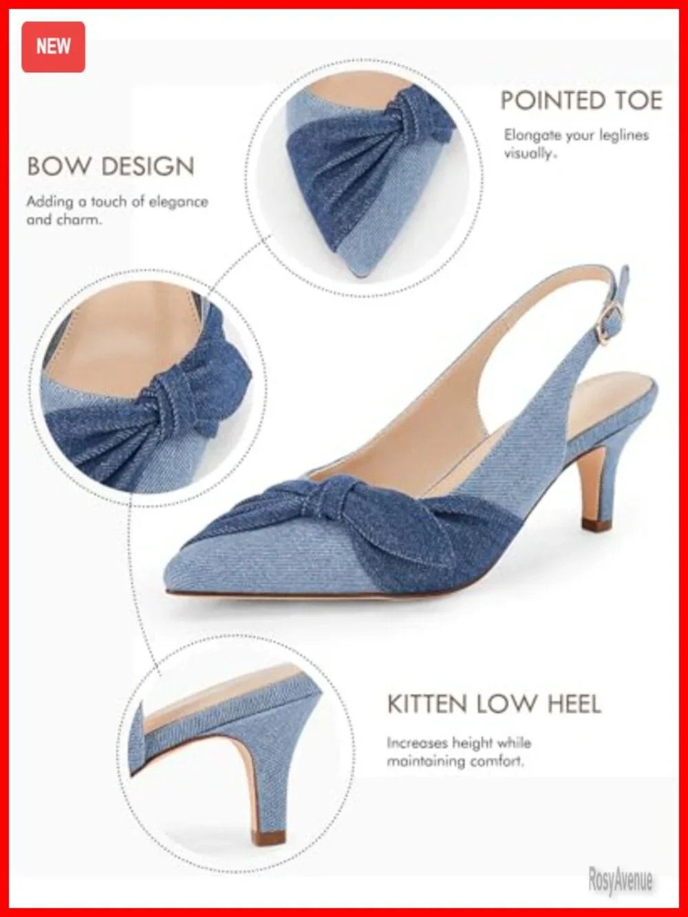 Women's Slingback Heels Kitten Heels Closed Pointed Toe Denim Dress Pumps